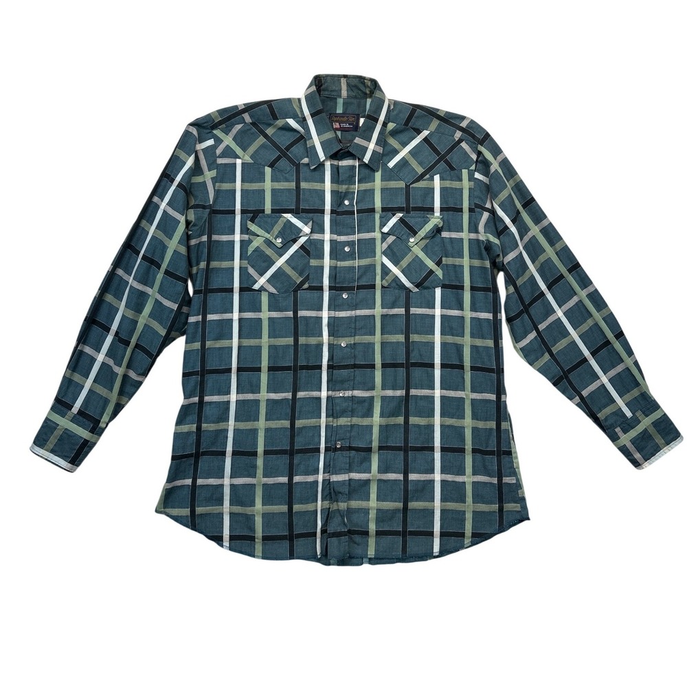 Panhandle Slim‎ Western Shirt Mens 17.5 36 Teal Plaid Pearl Snap Vintage Ranch